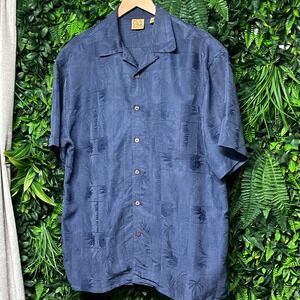 Vintage Jos A Bank Shirt Mens Large Blue Hawaiian Palm Tree Print Button Up 3506